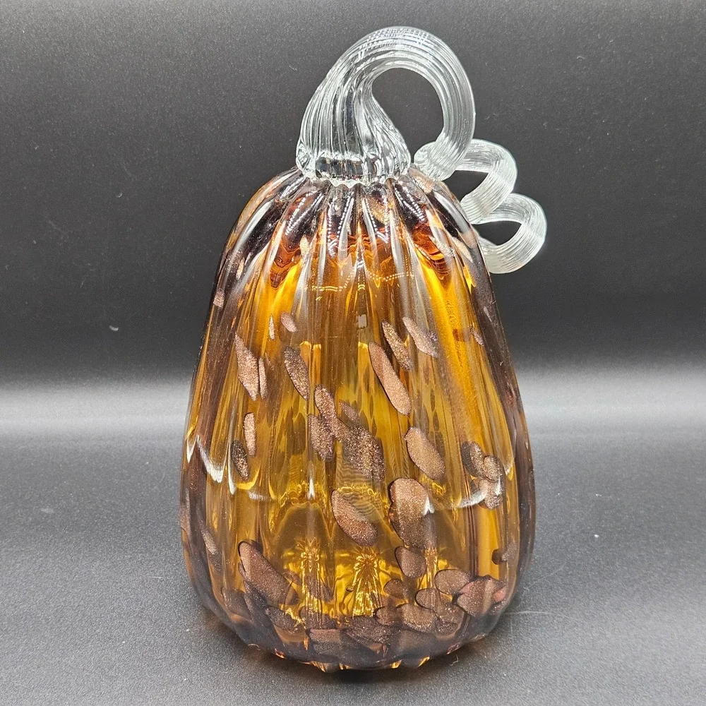 Amber Glass Pumpkin Gourd Copper Aventurine Flecks Hand Blown Fall Decor 9.5